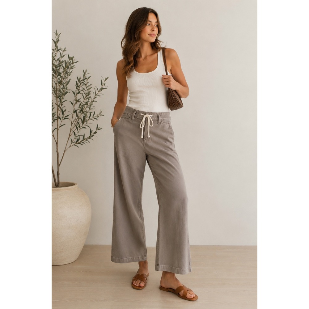 PAIGE Carly Waist Tie Wide Leg Pants Women 27 Vintage Moss Taupe W3212